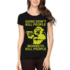Women's Cotton Biowash Graphic Printed Half Sleeve T-Shirt - Guns Don't Monkeys Kill