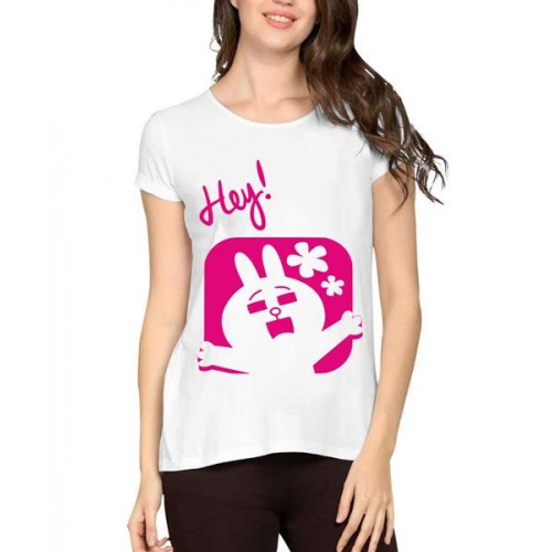 Women's Cotton Biowash Graphic Printed Half Sleeve T-Shirt - Hey Girl Rabbit