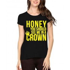 Women's Cotton Biowash Graphic Printed Half Sleeve T-Shirt - Honey Crown