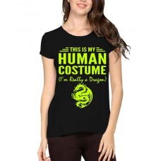 Women's Cotton Biowash Graphic Printed Half Sleeve T-Shirt - Human Costume Dragon