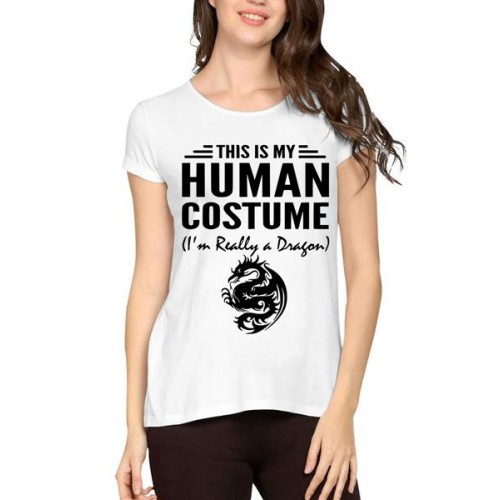 Women's Cotton Biowash Graphic Printed Half Sleeve T-Shirt - Human Costume Dragon