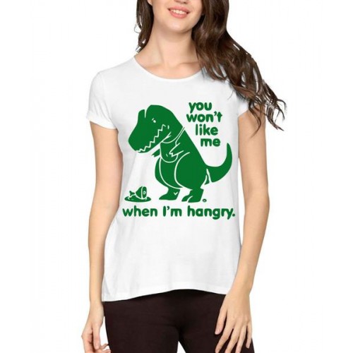 Women's Cotton Biowash Graphic Printed Half Sleeve T-Shirt - Hungry Dino