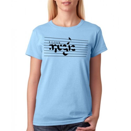 Women's Cotton Biowash Graphic Printed Half Sleeve T-Shirt - I Love Music Line