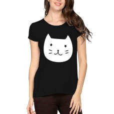 Women's Cotton Biowash Graphic Printed Half Sleeve T-Shirt - Kittie Black