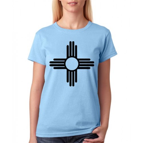 Women's Cotton Biowash Graphic Printed Half Sleeve T-Shirt - Mexico Zia Sun Symbol