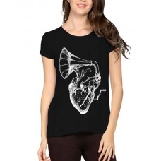 Women's Cotton Biowash Graphic Printed Half Sleeve T-Shirt - Music Heart