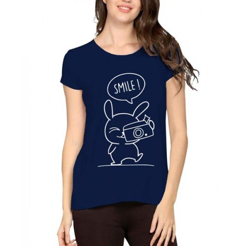 Women's Cotton Biowash Graphic Printed Half Sleeve T-Shirt - Rabbit Smile