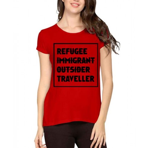 Women's Cotton Biowash Graphic Printed Half Sleeve T-Shirt - Refugee Outsider Traveller