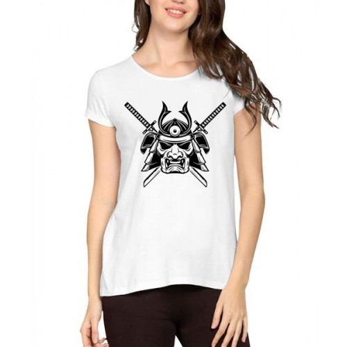 Women's Cotton Biowash Graphic Printed Half Sleeve T-Shirt - Samurai Mask Crossed Swords