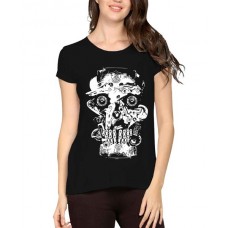 Women's Cotton Biowash Graphic Printed Half Sleeve T-Shirt - Skull Bicycle Chain Bracelet