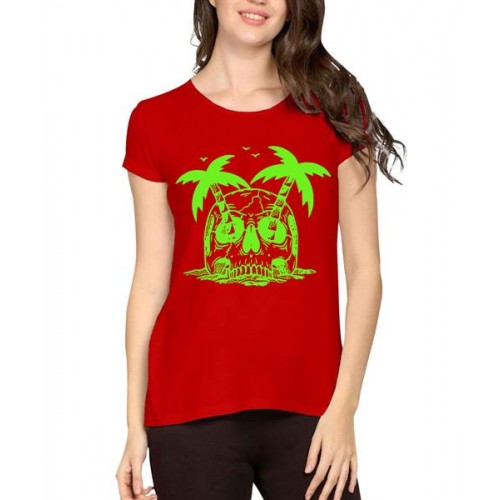 Women's Cotton Biowash Graphic Printed Half Sleeve T-Shirt - Skull Coconut Tree