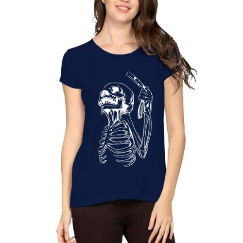 Women's Cotton Biowash Graphic Printed Half Sleeve T-Shirt - Skull Razor