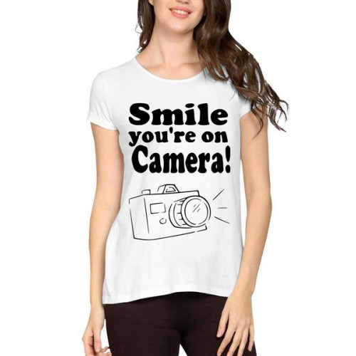 Women's Cotton Biowash Graphic Printed Half Sleeve T-Shirt - Smile On Camera