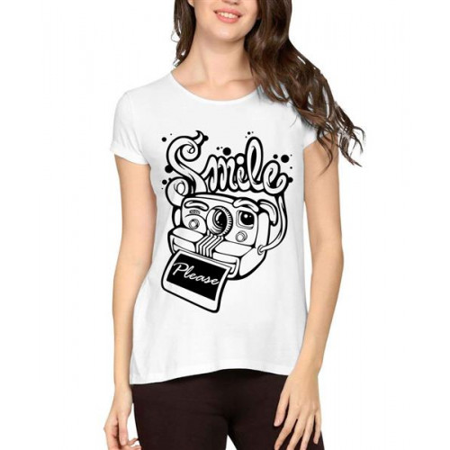 Women's Cotton Biowash Graphic Printed Half Sleeve T-Shirt - Smile Please