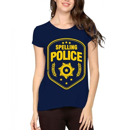 Women's Cotton Biowash Graphic Printed Half Sleeve T-Shirt - Spelling Police