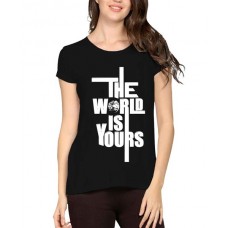 Women's Cotton Biowash Graphic Printed Half Sleeve T-Shirt - The World Is Yours
