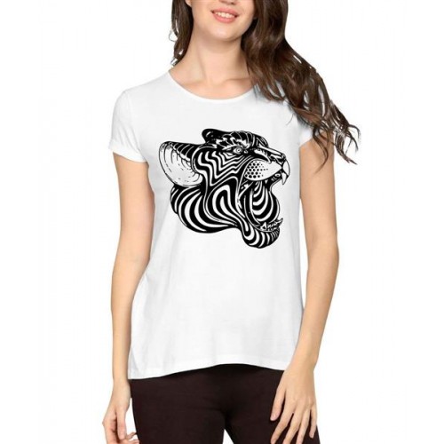 Women's Cotton Biowash Graphic Printed Half Sleeve T-Shirt - Tiger Face