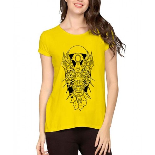 Women's Cotton Biowash Graphic Printed Half Sleeve T-Shirt - Tiger Skull