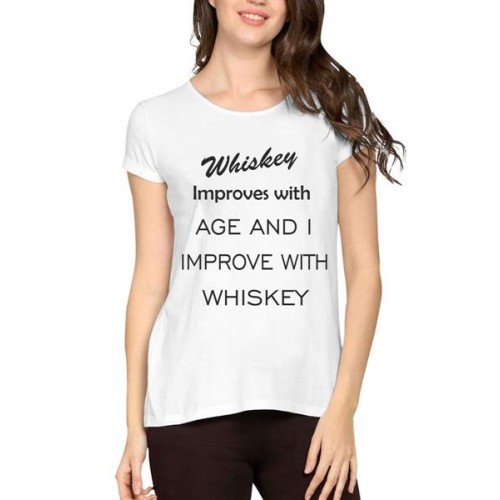 Women's Cotton Biowash Graphic Printed Half Sleeve T-Shirt - WHISKEY IMPROVES WITH AGE
