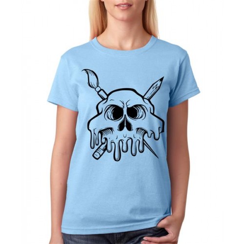 Women's Cotton Biowash Graphic Printed Half Sleeve T-Shirt - Zombie Skull Artist