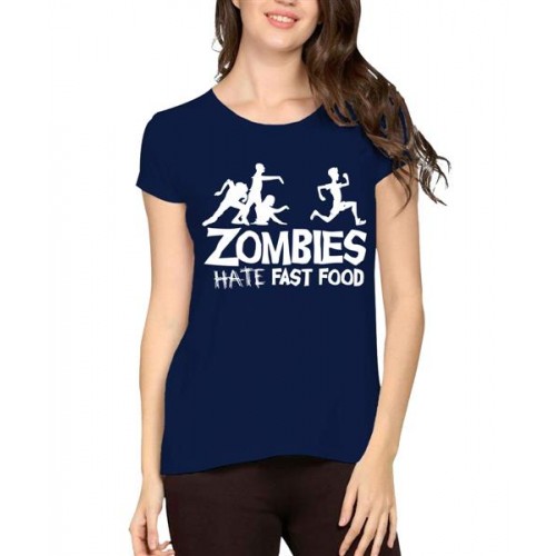 Women's Cotton Biowash Graphic Printed Half Sleeve T-Shirt - Zombies Hate Fast Food