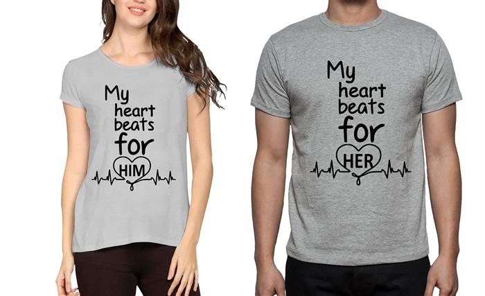 Heart Beats For Her Heart Beats For Him Couple Graphic Printed T-shirt