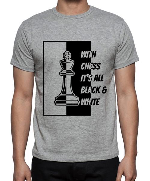 Men's Round Neck Cotton Half Sleeved T-Shirt With Printed Graphics - With Chess Black White