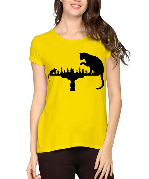 Women's Cotton Biowash Graphic Printed Half Sleeve T-Shirt - Cat Rat Chess