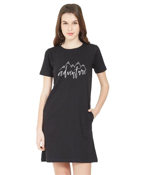 Women's Cotton Biowash Graphic Printed T-Shirt Dress with side pockets - Adventure