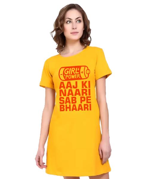 Women's Cotton Biowash Graphic Printed T-Shirt Dress with side pockets - Aaj Ki Naari