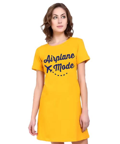 Women's Cotton Biowash Graphic Printed T-Shirt Dress with side pockets - Airplane Mode