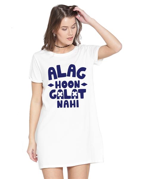 Women's Cotton Biowash Graphic Printed T-Shirt Dress with side pockets - Alag Hoon Galat Nahi
