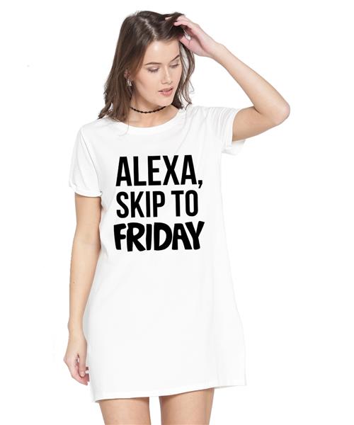 Women's Cotton Biowash Graphic Printed T-Shirt Dress with side pockets - Alexa Skip Friday