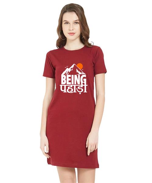 Women's Cotton Biowash Graphic Printed T-Shirt Dress with side pockets - Being Pahadi